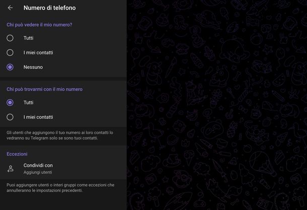 Nascondere numero di telefono Telegram Web