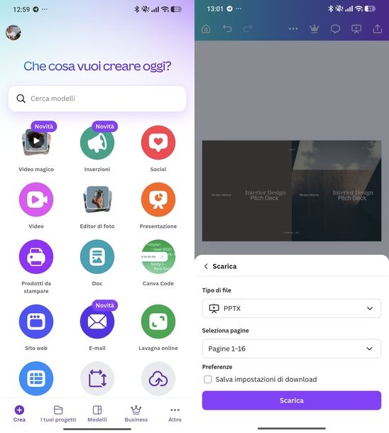 Salvare PowerPoint su Canva Android