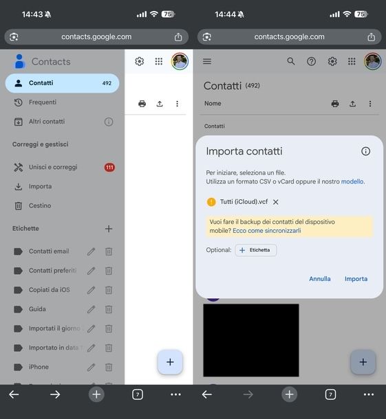 Importare manualmente contatti Google iOS