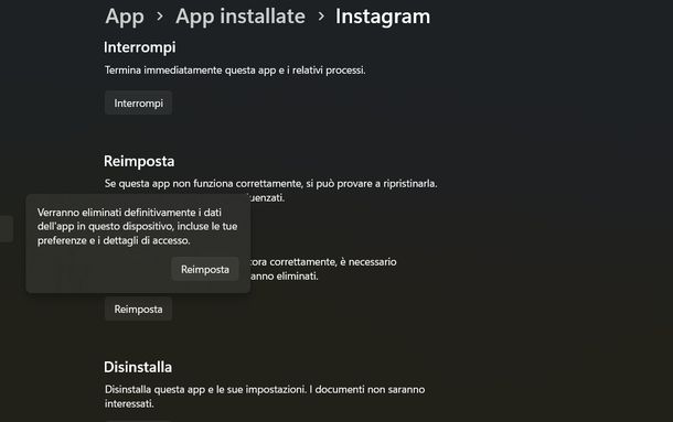 Pulire cache Instagram Windows