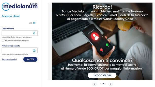 Pagina di login del sito di banca Mediolanum