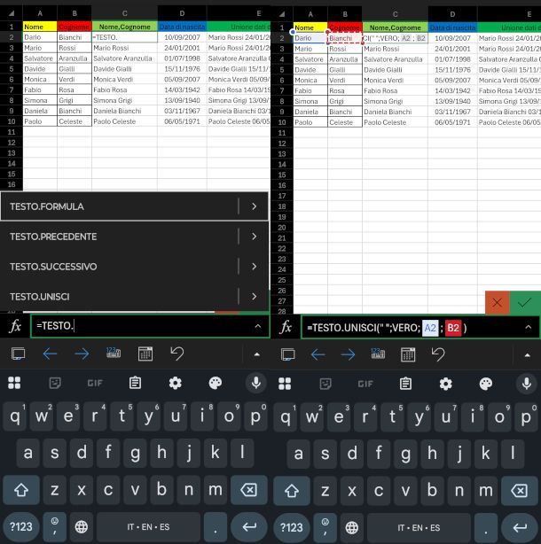 utilizzo formule su app Excel