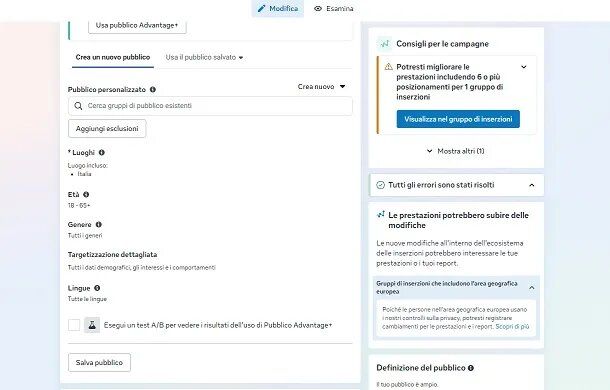 Impostare una campagna pubblicitaria