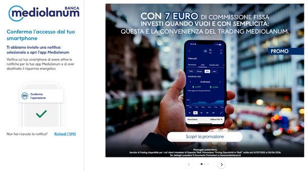 Schermata di login con 2FA del sito di banca Mediolanum