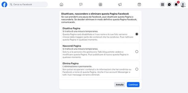 chiudere pagina Facebook da PC