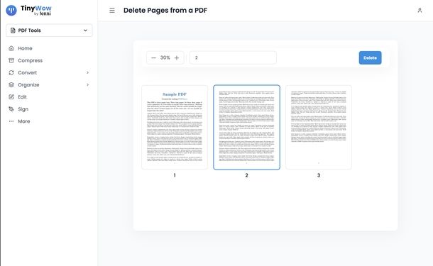 Eliminare pagina da PDF gratis TinyWow