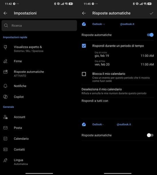 Impostare risposta automatica Outlook Android
