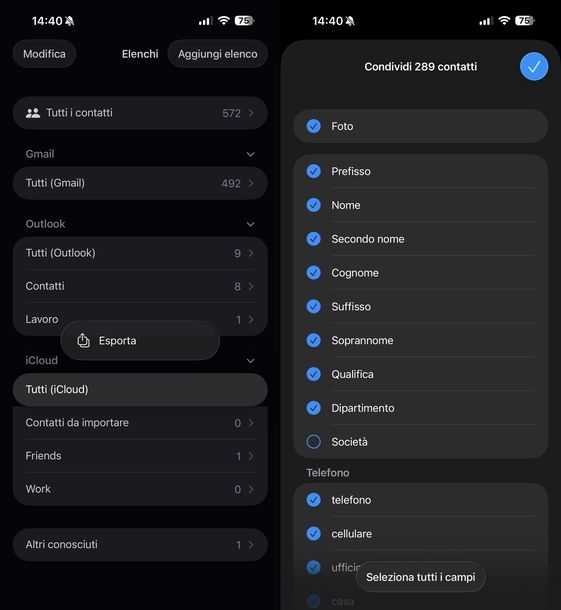 Esportare manualmente contatti iOS