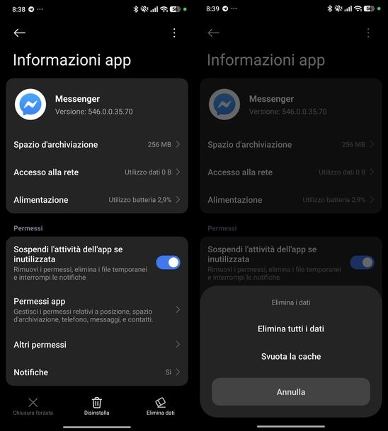 Eliminare dati app Messenger Android