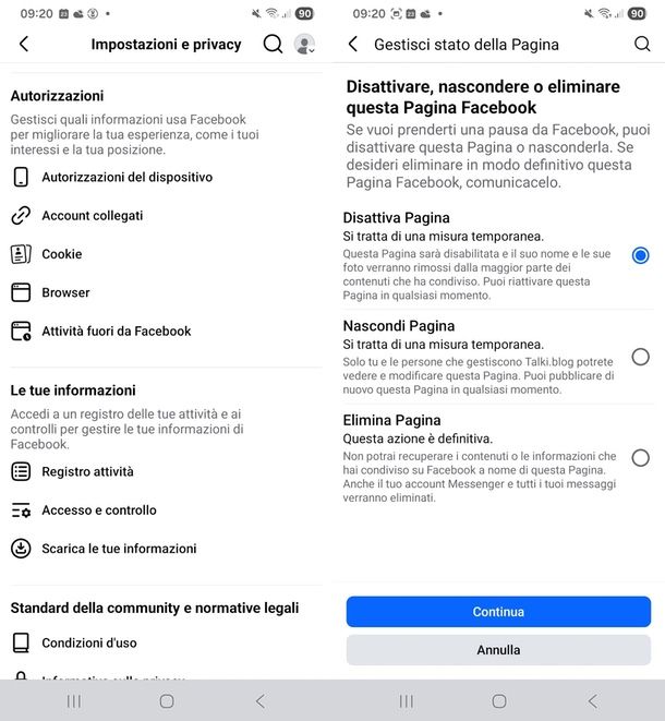 Chiudere pagina Facebook app