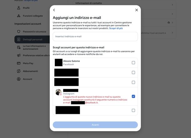 Cambiare email Instagram Web