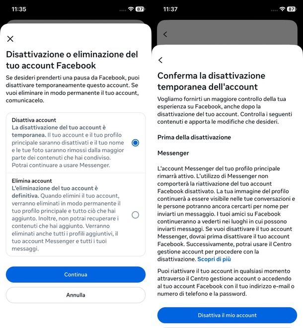 chiudere profilo Facebook temporaneamente da app