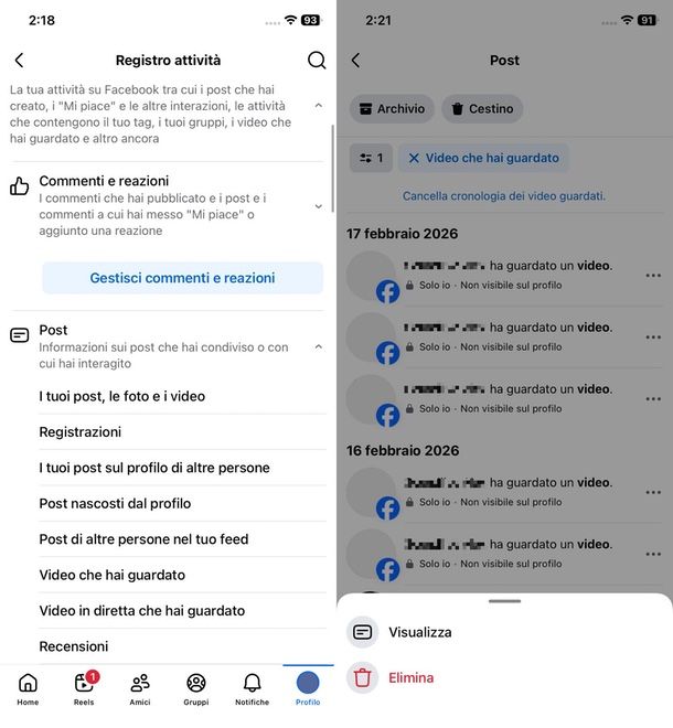 Cancellare cronologia Reel guardati Facebook
