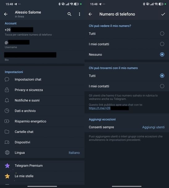 Nascondere numero di telefono Telegram Android