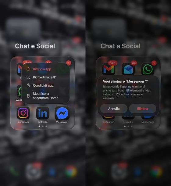 Disinstallare app Messenger iOS
