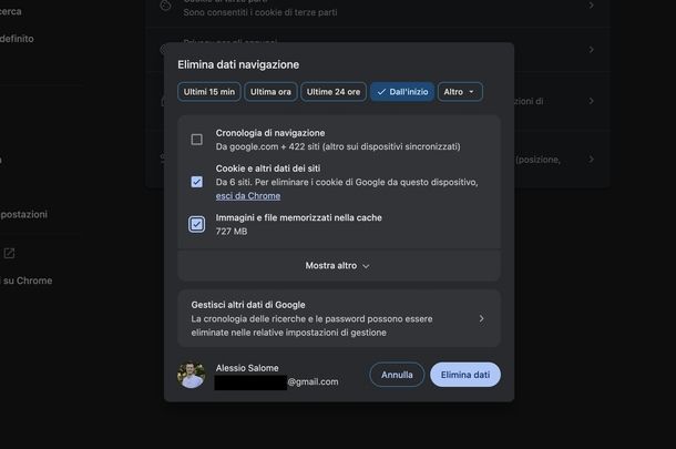 Cancellare cache Google Chrome