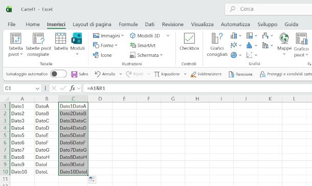 utilizzo maniglia di riempimento su colonna Excel