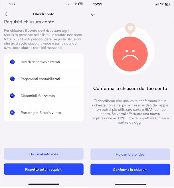 Chiudere conto HYPE da app