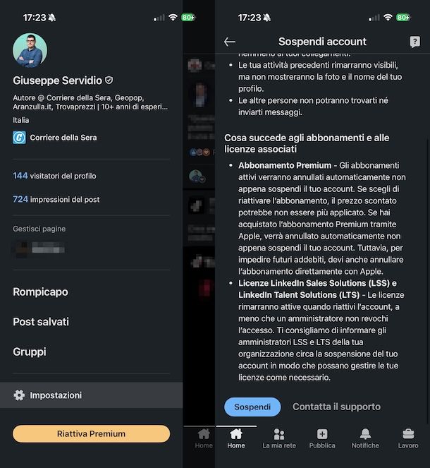 Sospendere account LinkedIn