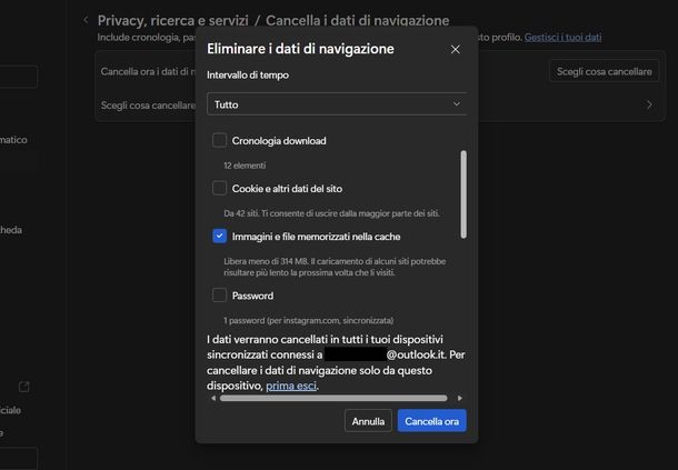 Pulire cache Microsoft Edge
