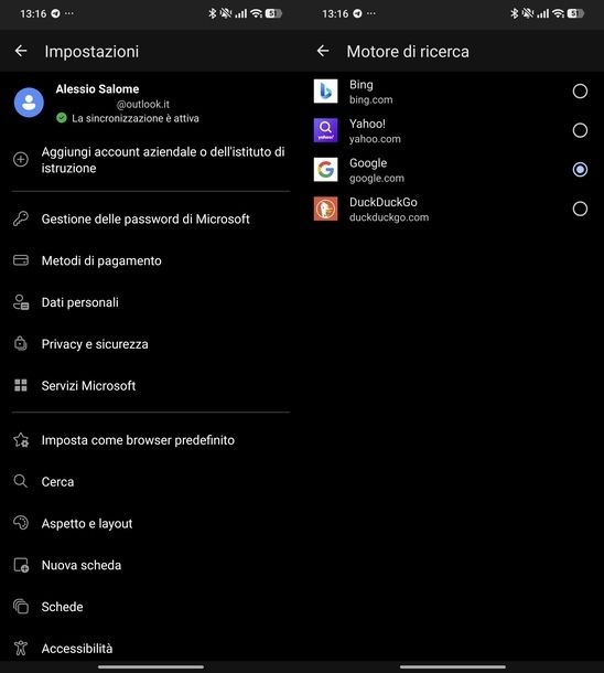 Impostare Google come motore di ricerca Microsoft Edge Android