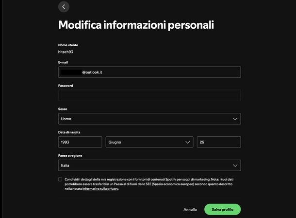 Cambiare email Spotify