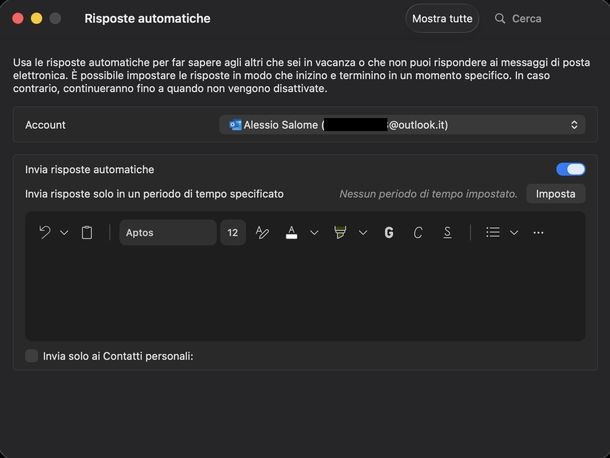 Impostare risposta automatica Outlook macOS
