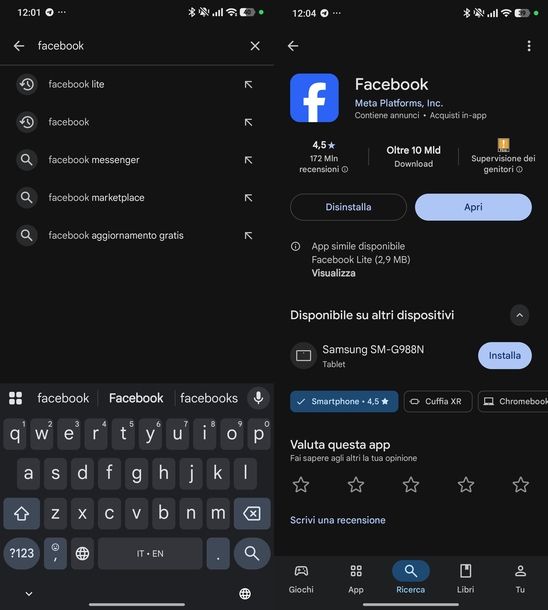 Installare app Facebook Android