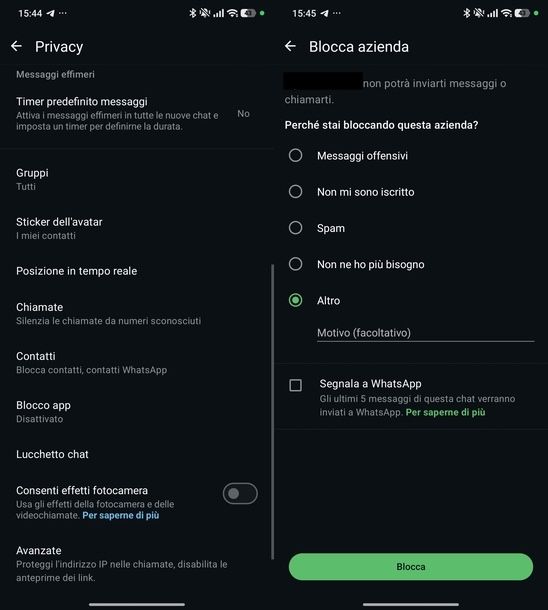 Nascondere numero di telefono WhatsApp