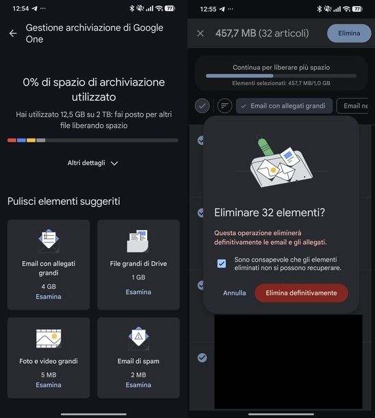 Liberare spazio Gmail Google One Android