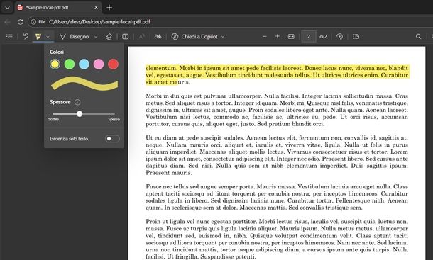 Evidenziare testo in PDF Microsoft Edge