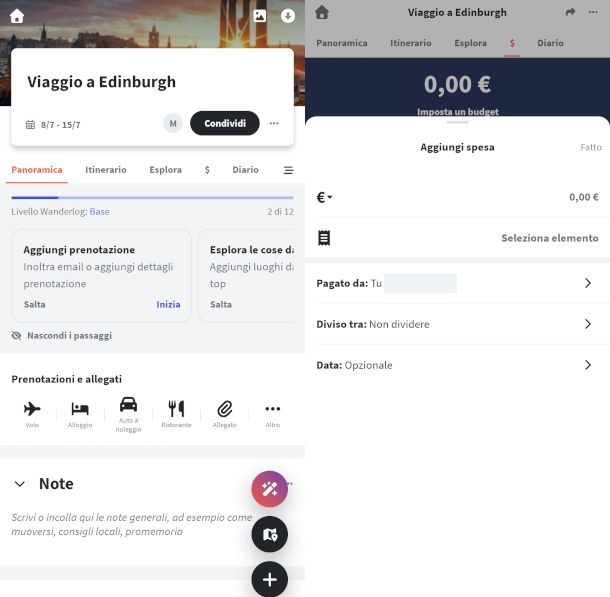 schermate app Wanderlog