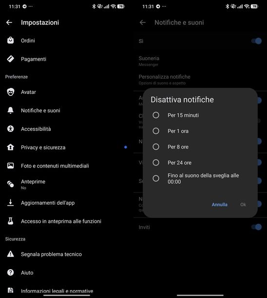 Disattivare notifiche Messenger Android