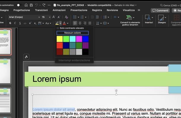 Evidenziare testo PowerPoint macOS