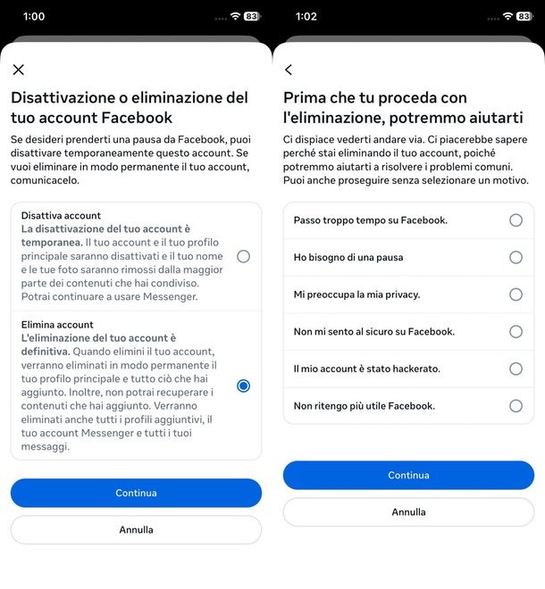 chiudere profilo Facebook definitivamente cellulare