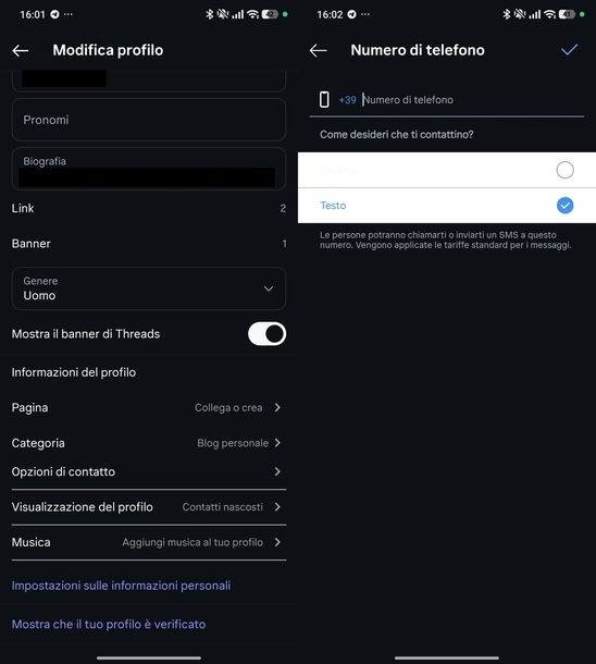 Nascondere numero di telefono Instagram