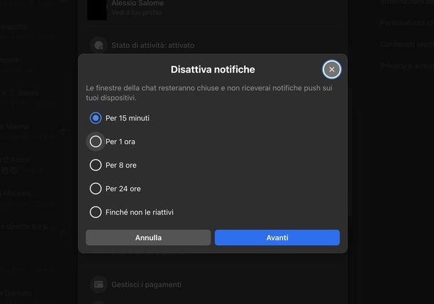 Disattivare notifiche Messenger