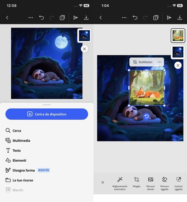 Adobe Express incollare foto su un'altra