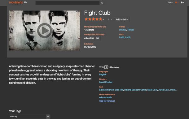 pagina di dettaglio di un film su Movielens