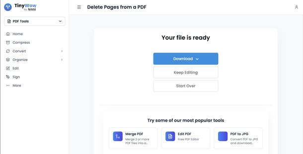 Eliminare pagina da PDF gratis TinyWow