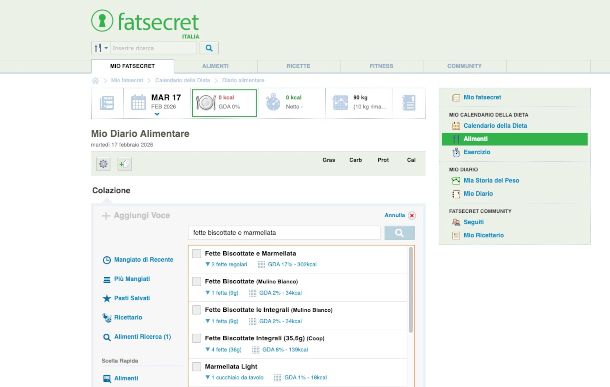 interfaccia Web FatSecret