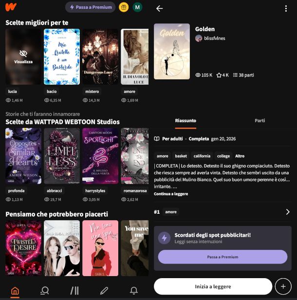 schermate app wattpad