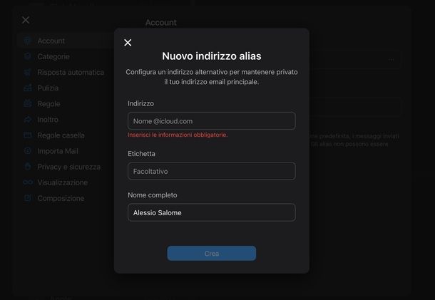 Creare alias iCloud Mail