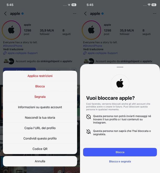 bloccare su Instagram