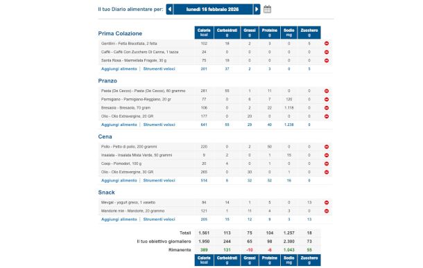 interfaccia Web MyFitnessPal