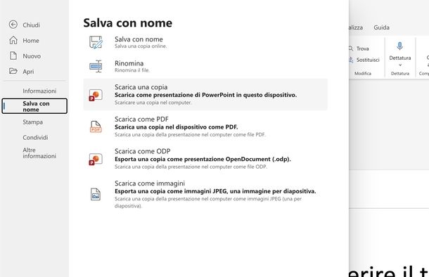 Salvare PowerPoint con Microsoft PowerPoint Online