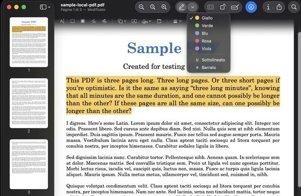 Evidenziare testo in PDF Anteprima macOS
