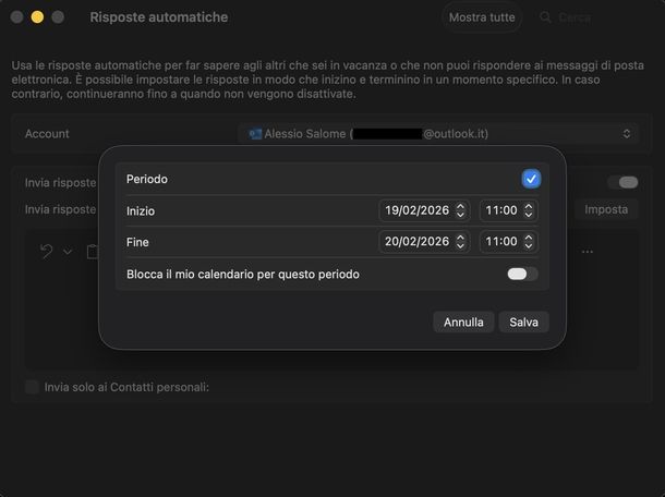 Impostare risposta automatica Outlook macOS
