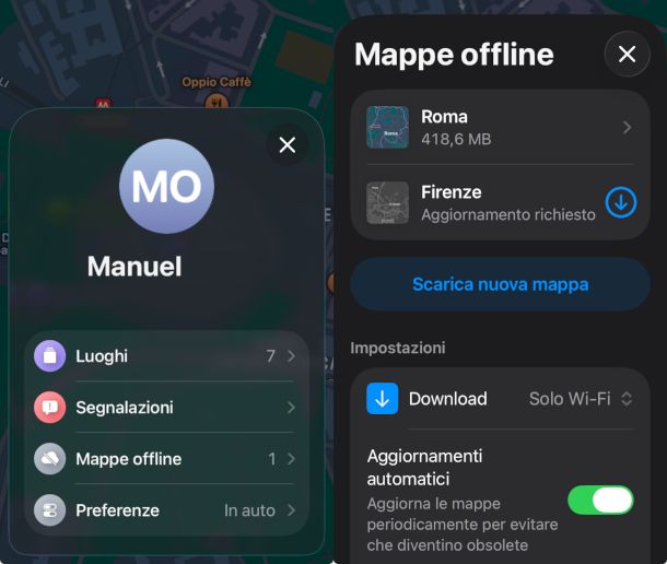 accesso mappe offline su app Mappe dalle preferenze