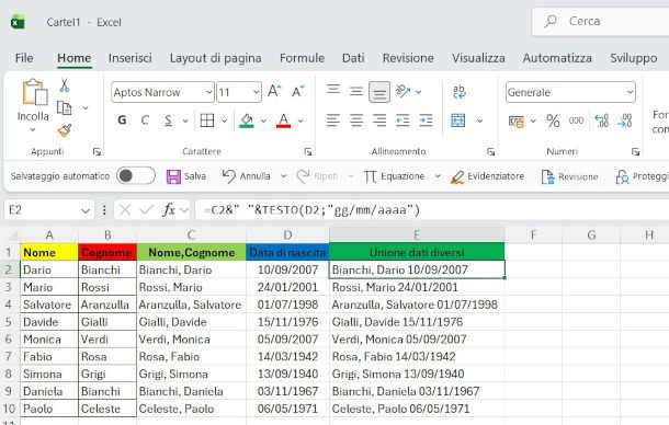 unione celle con dati diversi su Excel